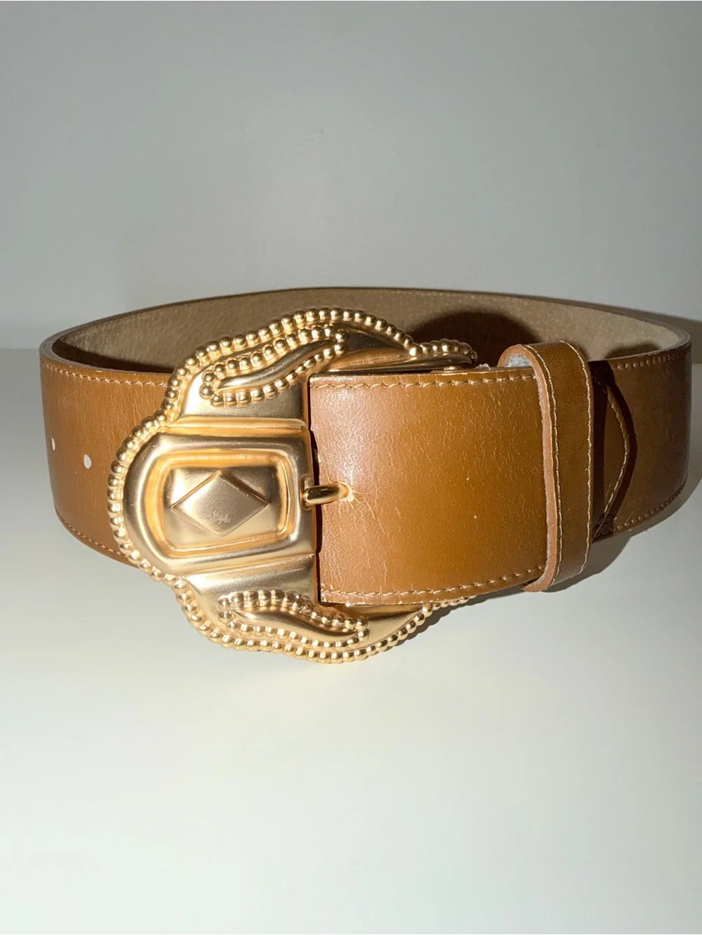 Vtg Anne Klein For Oroton Brown Leather Wide Belt With Gold-Tone Buckle, Sz Sm